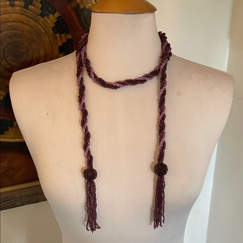 1920's Art Deco Flapper Purple Beaded Multi-strand Twisted Necklace with Tassels